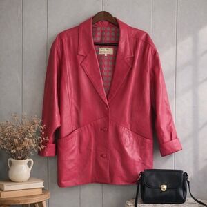 Vintage‎ 80s Italian Leather Blazer Fuchsia Oversized Boxy Genuine Made Italy 42